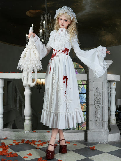 Gothic Lolita Dress in White with Blood Embroidery and Cross Shaped Ruffles Long Version - With PUJI