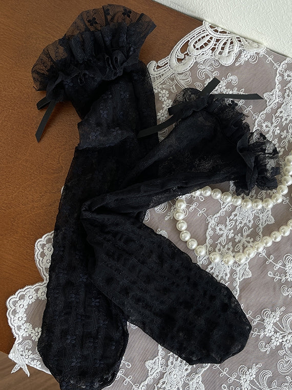 トリムレース 膝下 花柄 ホワイト/ベージュ/ブラック ロリータストッキング