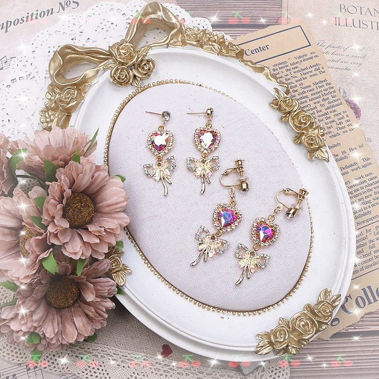 Jirai Heart Butterfly Rhinestone Options 3 Color Kei Earrings