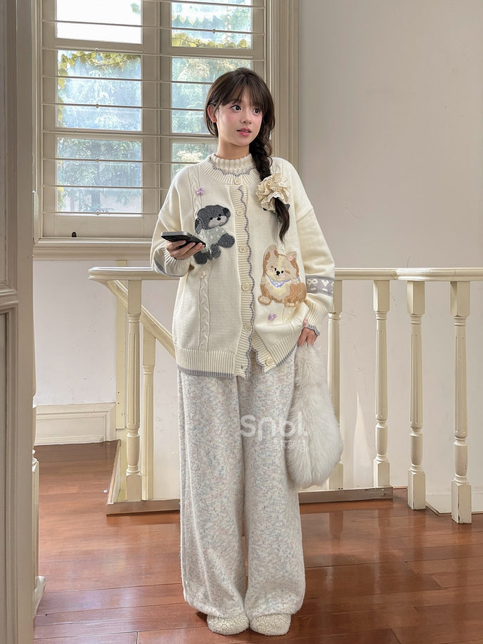 Bunte Strickhose mit hoher Taille und weitem Bein