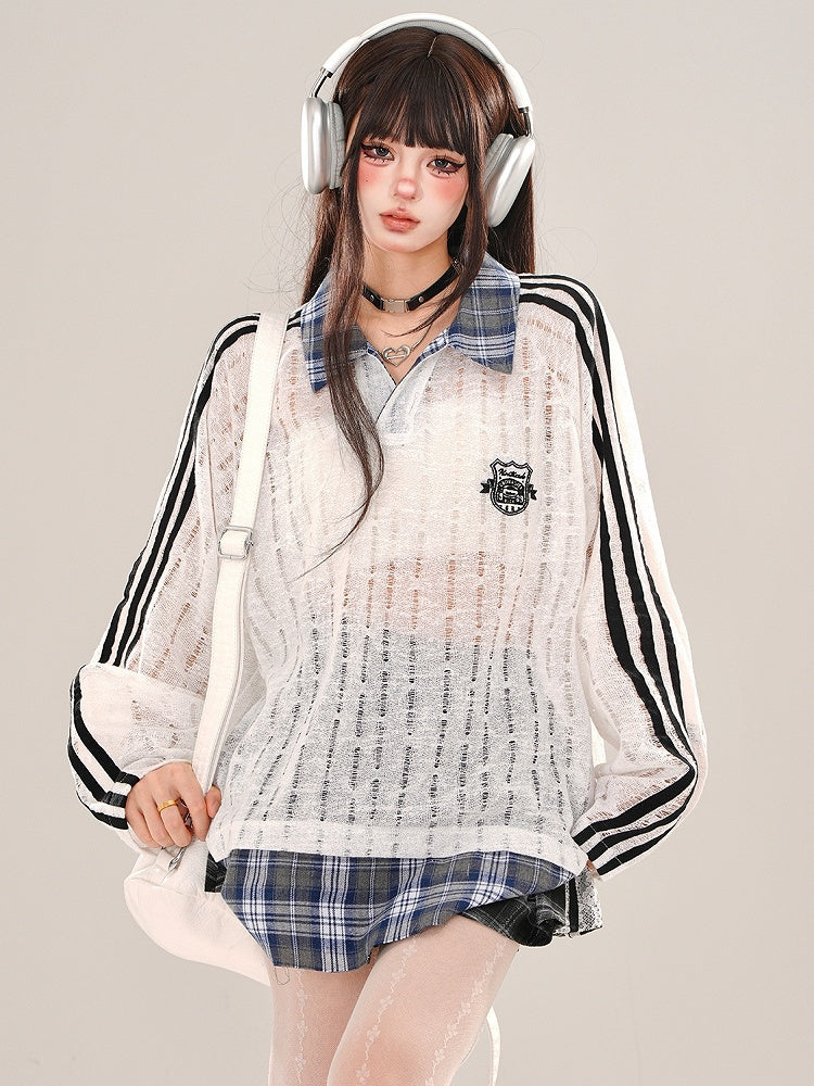 Coffee/White Polo Collar Hollowed-out Semi-sheer Loose Knit Top