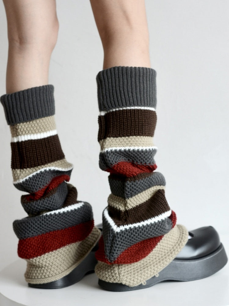 Color-Block Knitted Pattern Leg Retro Striped Warmers Maillard