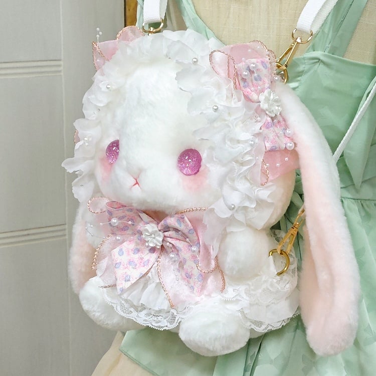 with White Bunny Bowknot Decorated Plush Blue Backpack