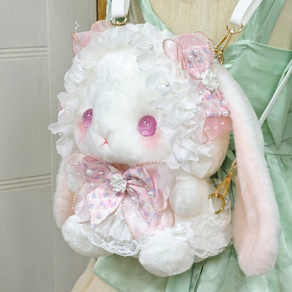 with White Bunny Bowknot Decorated Plush Blue Backpack