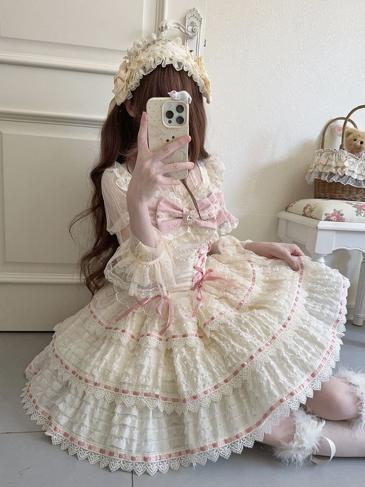 with Accent Chain Lolita Bow Apricot Dress Bead JSK Details Lace-up