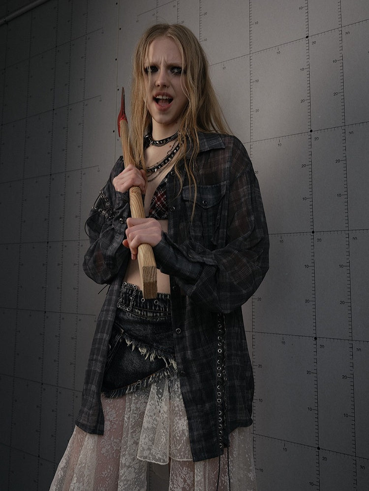 Side Laces Shirt Punk Chiffon with Gray Plaid Cross-Tie Slits