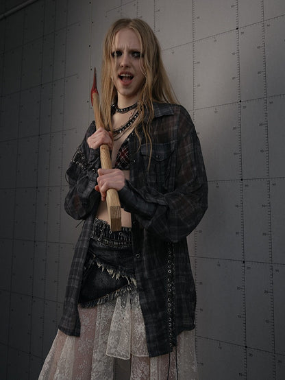 Side Laces Shirt Punk Chiffon with Gray Plaid Cross-Tie Slits