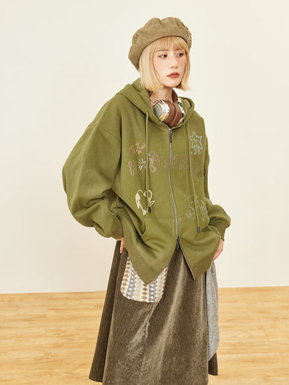 Print Zip Olive Hoodie Placket Kawaii Hood - Drawstring Green Letter Two-way