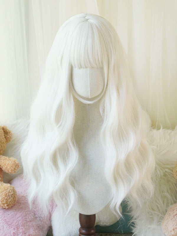 Schwarz/Weiß/Hellblond/Blond/Karamell/Grau, lange, gewellte Perücke mit vollem Pony