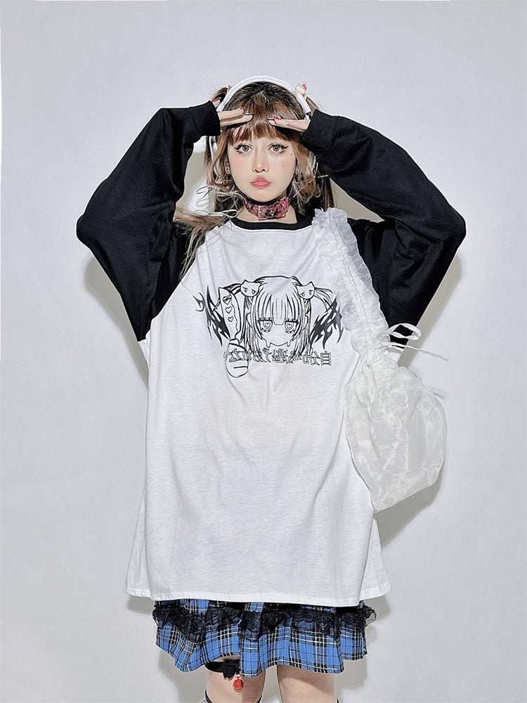 Schwarz-weißes Rundhals-Cartoon-Top