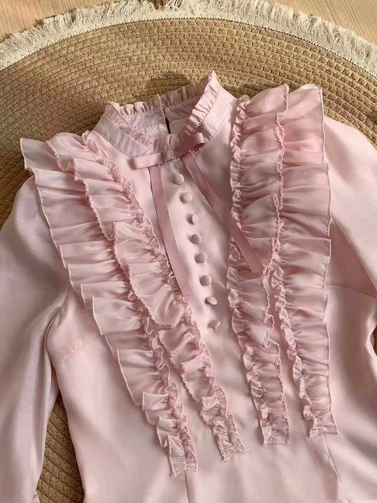 Pink Balloon Sleeve Blouse with Ruffle Accents and Rose Brooch - With PUJI