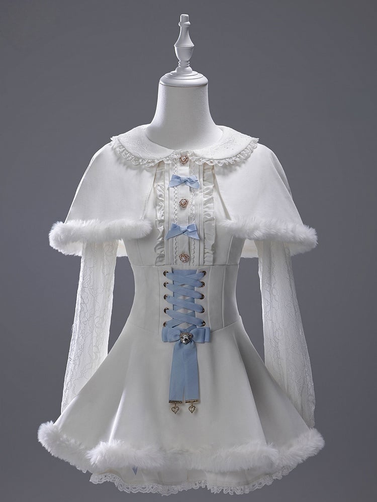 White Landmine Dress Blue Matching Shorts Plush Set Bunny Bow Ear Brooch Style Full Cape Lace +