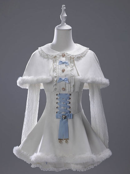 White Landmine Dress Blue Matching Shorts Plush Set Bunny Bow Ear Brooch Style Full Cape Lace +