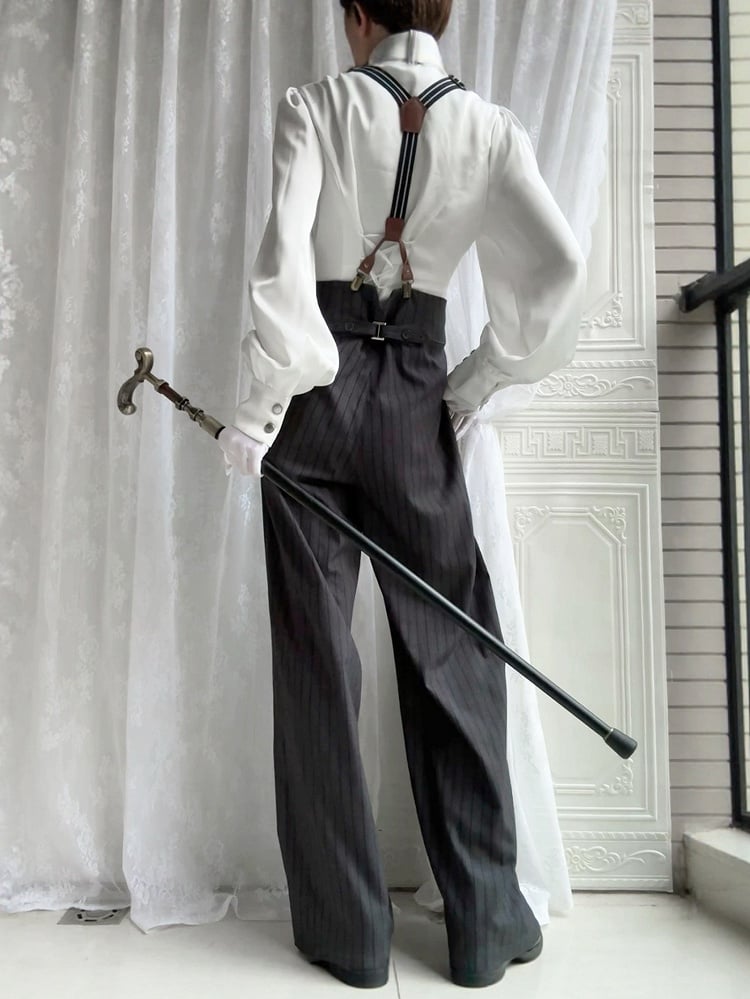 Gestreifte Stoffhose aus dunklem Ouji-Stoff, Lolita-Grau