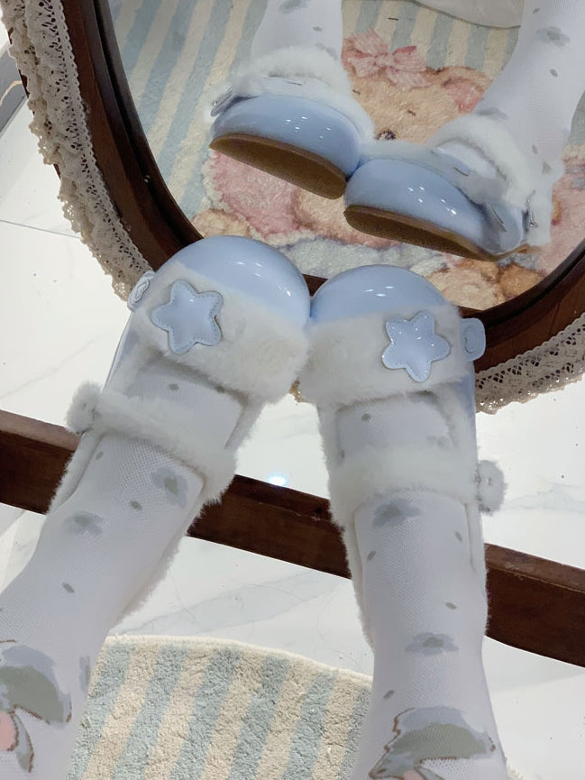 Accent Flats Button Star Baby Plush Lolita Sweet Detail - Cozy for Snap Blue Strap Winter