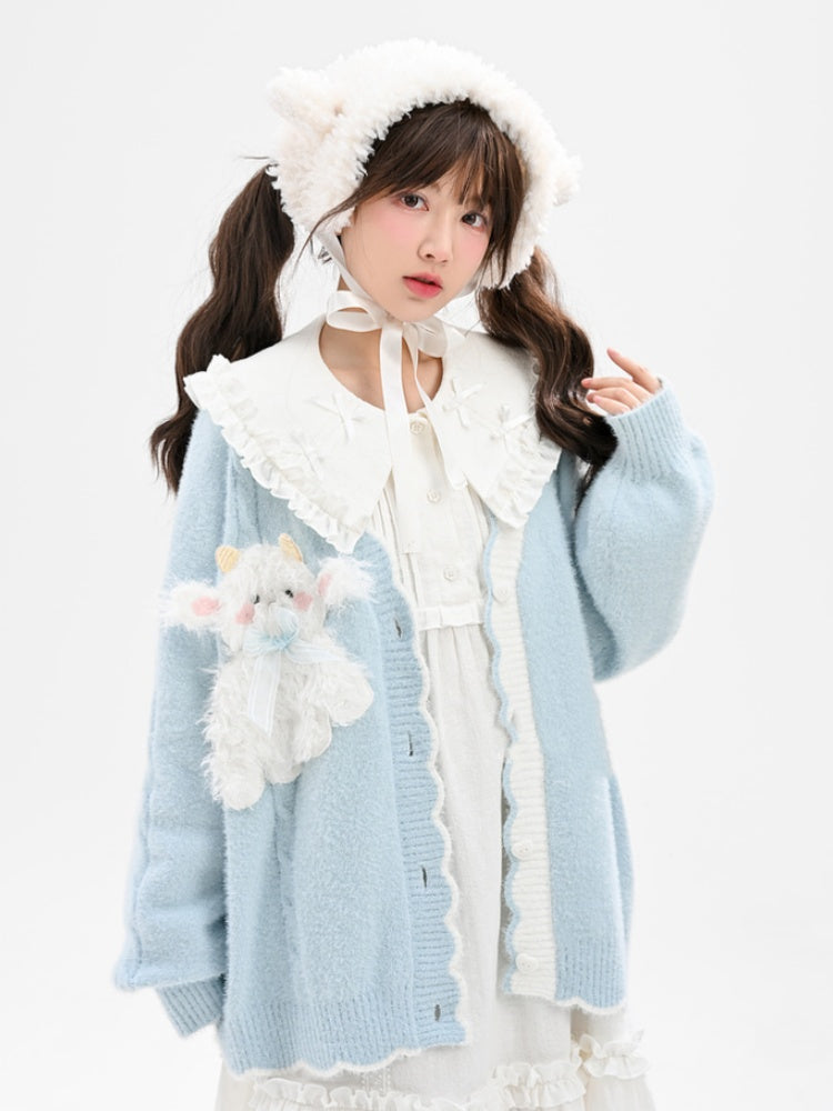 ゆめかわいいブルーのハート型ボタンカーディガン（ラムのぬいぐるみ付き）