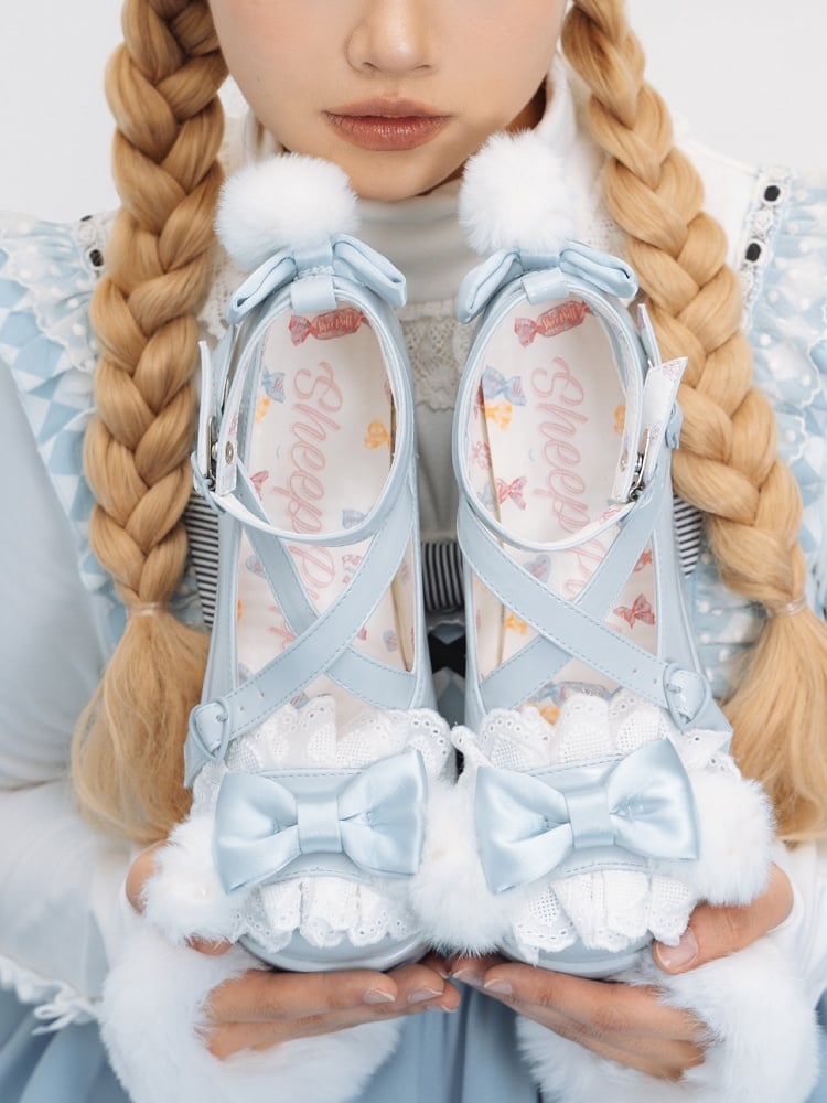 Blue Design at Decorated Top Bow Pompon Plush With Ear Crisscross Platforms Bunny