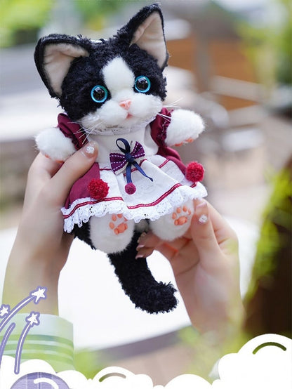 Wine Black/Gray/White Accent Cute Cat Red Skirt with Devon Keychain