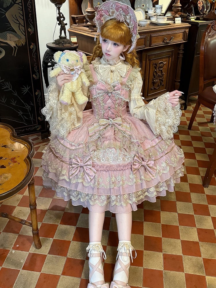 Schleife Kette Perlen Ausschnitt Rosa Lolita Kleid Prinzessin Blume Wunderschöne