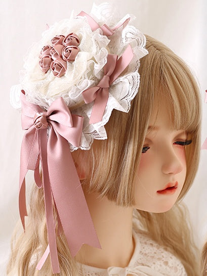 Bows and With Pink White Elegant Hat Lace And Mini Roses Gorgeous