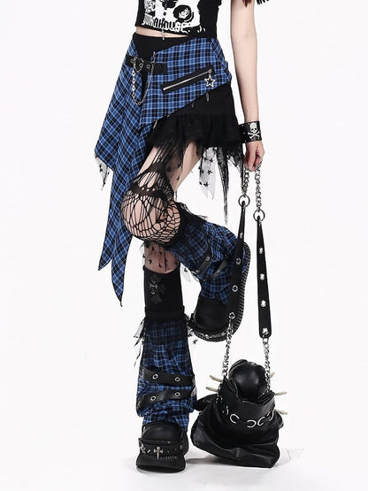 Blue Black Plaid Asymmetric Skirt with Zipper - CRAZY GIRL