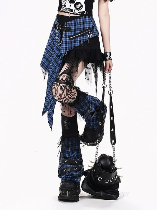 Blue Black Plaid Asymmetric Skirt with Zipper - CRAZY GIRL
