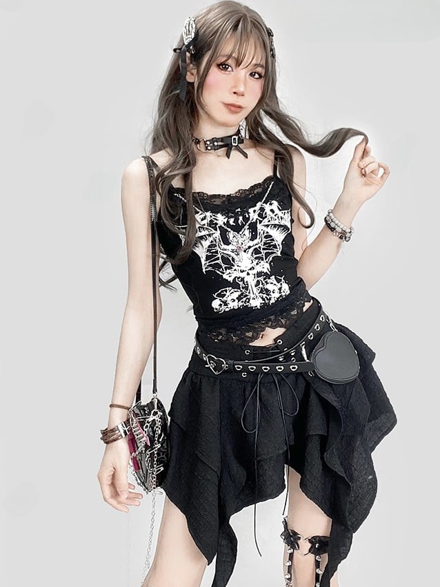 Schwarzes Camisole mit Fledermaus-Print und Spitzenbesatz