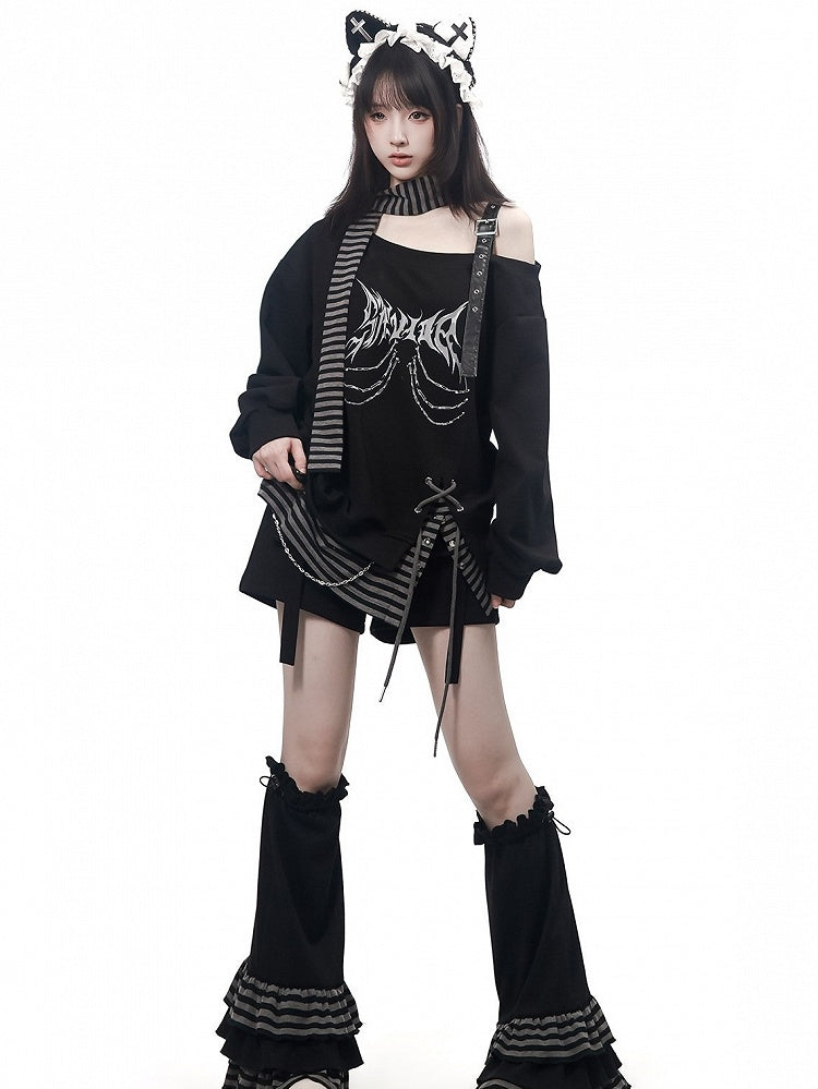 Dark Theme Print Black & Gray Faux Two-Piece Asymmetric Shoulder Sweatshirt with Striped Scarf - PINK SAVIOR