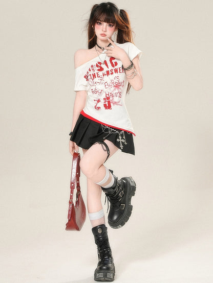 レターアシンメトリーネックラインTシャツグラマラスプリントホワイト/ゲイリー