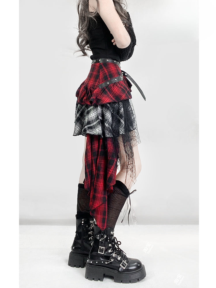 Y2K Red Plaid Asymmetrical Hem Tiered Punk Glamorous Skirt