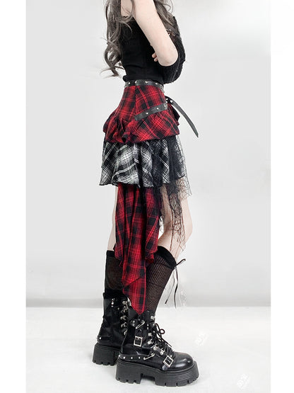 Y2K Red Plaid Asymmetrical Hem Tiered Punk Glamorous Skirt