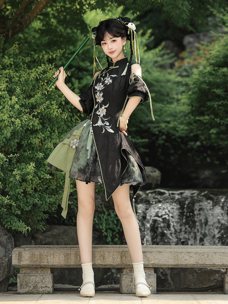 Black & Green Lily Embroidery Asymmetrical Top and Skirt - Han Ru Chu Hanfu & Han-Element Studi