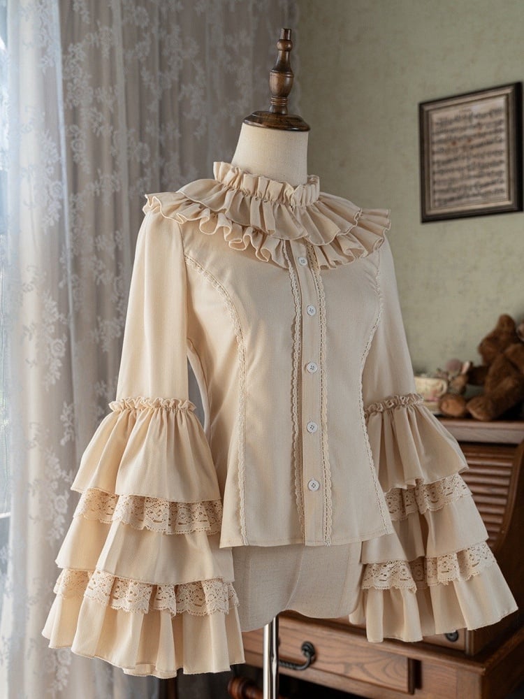 Apricot Ruffle Neckline Layered Bell Sleeves Blouse