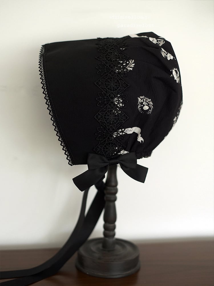 Bunny Bonnet Dark Lolita Print Schwarz