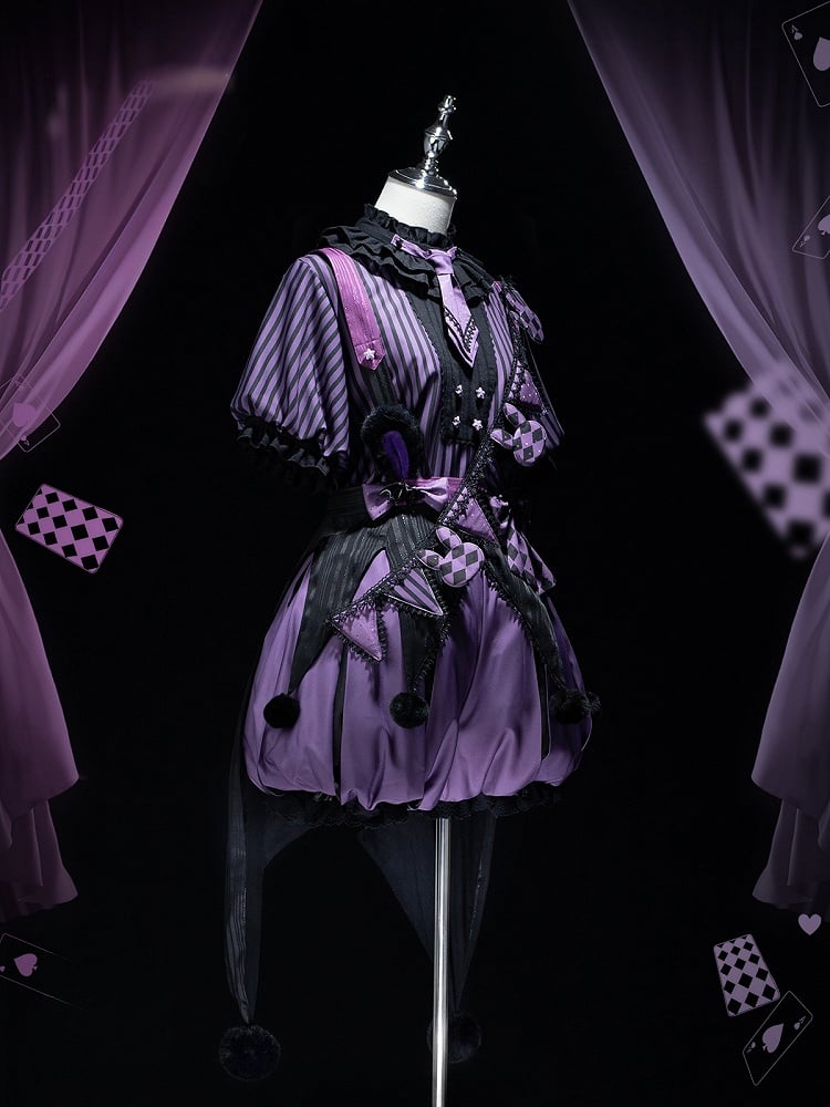 + Bloomers Vibes Theme Kuromi Bunny Purple Circus Lolita Ouji Black Set Pattern and Top Striped