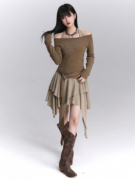 Khaki Faux Skirt Off-Shoulder Halter Handkerchief Two-Piece Hem Tiered Top Dress: Coffee Gothic