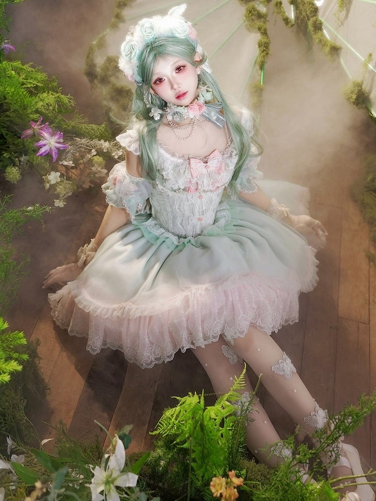 Set Green KC Sleeves Choker Lolita Full Skirt Bow Corset Top Detachable Decorated and Sweet Lace +