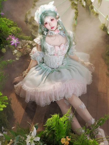 Set Green KC Sleeves Choker Lolita Full Skirt Bow Corset Top Detachable Decorated and Sweet Lace +