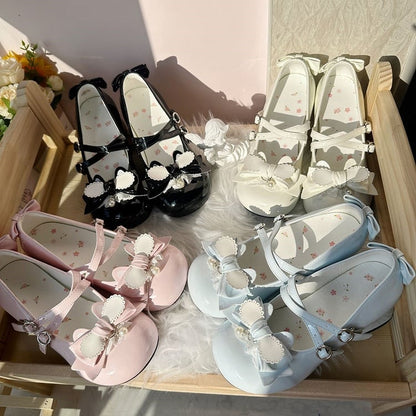 Round Lolita Mid-heel Lace Sweet with Jane Mary Trim Snap Shoes Black