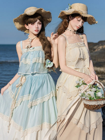 Blue Summer Set: Sleeveless Top, Skirt, Brooch & Hat - With PUJI