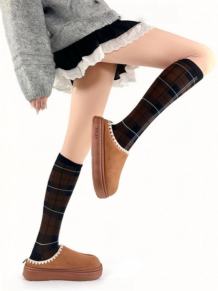 Calf Retro Striped Pattern Plaid Red Socks Khaki/Black/Wine