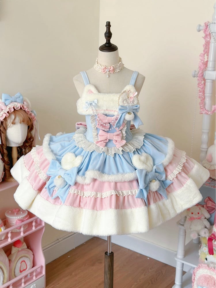 Winter Dress Ears Lolita Sweet Blue and Kitty Neckline Pink Plush