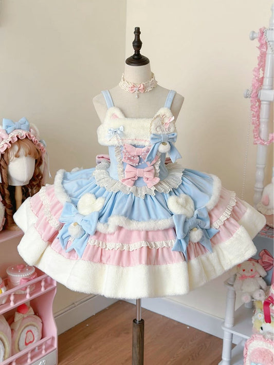 Winter Dress Ears Lolita Sweet Blue and Kitty Neckline Pink Plush