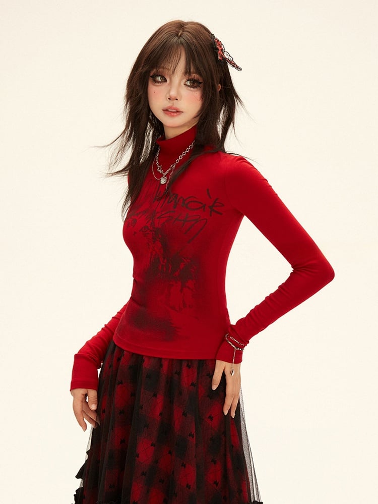 Red - Long Neck Top Design Sleeves Mock Kitten Letter Print Y2K
