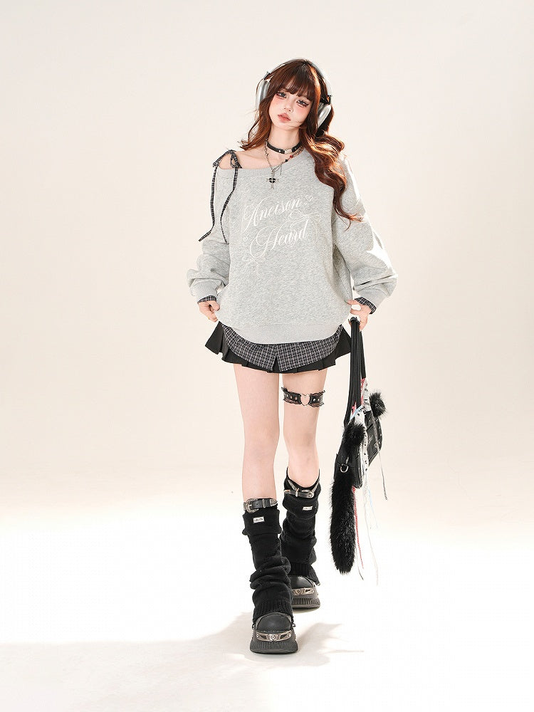 Self-tie Asymmetrical Neckline Plaid Hem Sweatshirt Black/Gray Shoulder Strap
