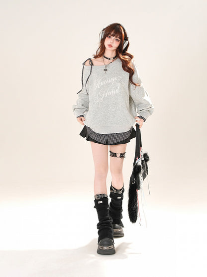 Self-tie Asymmetrical Neckline Plaid Hem Sweatshirt Black/Gray Shoulder Strap