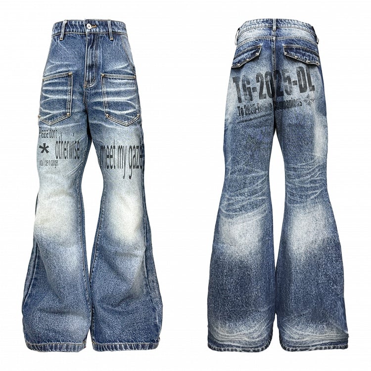 Washed Blue Flared Denim Jeans with Rivet Letter Prints - DETW OnLine