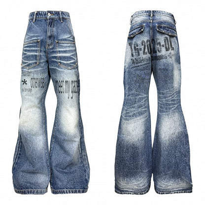 Washed Blue Flared Denim Jeans with Rivet Letter Prints - DETW OnLine