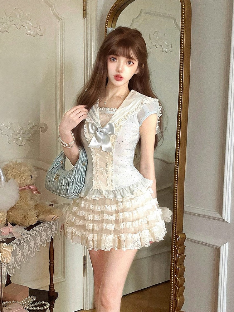 Collar Cap Top With Sailor Sleeves Chiffon Blue