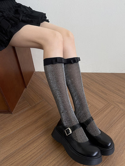 Light Underknee Bowknot Semi-sheer Grey/Black Stockings Details